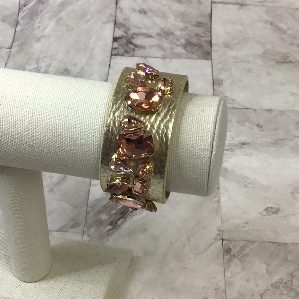 Metallic gold leather cuff bracelet with rose gold faux crystals